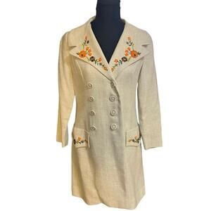 Vintage Burlap Linen Floral Embroidered Double Breasted Trench Coat Size M